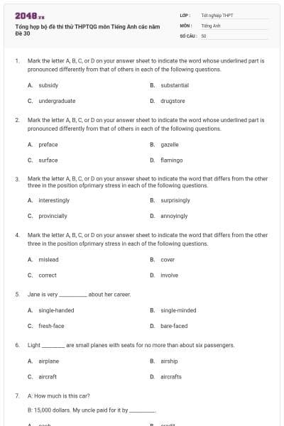 Tổng hợp bộ đề thi thử THPTQG môn Tiếng Anh các năm Đề 30