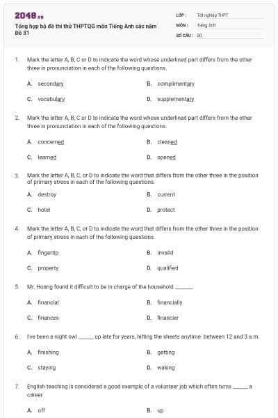 Tổng hợp bộ đề thi thử THPTQG môn Tiếng Anh các năm Đề 31