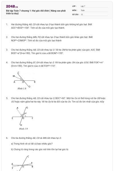 Bài tập Toán 7 chương 1: Hai góc đối đỉnh ( Nâng cao phát triển tư duy)