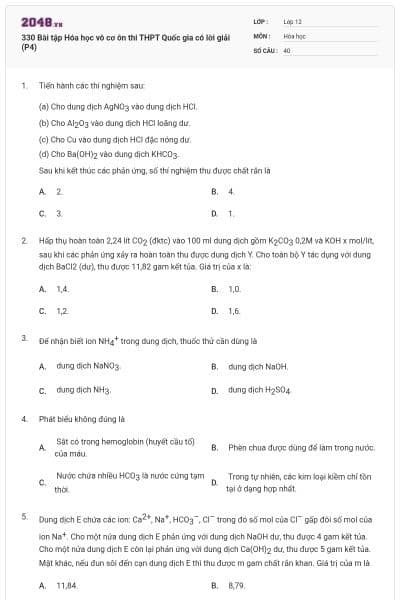 330 Bài tập Hóa học vô cơ ôn thi THPT Quốc gia có lời giải (P4)