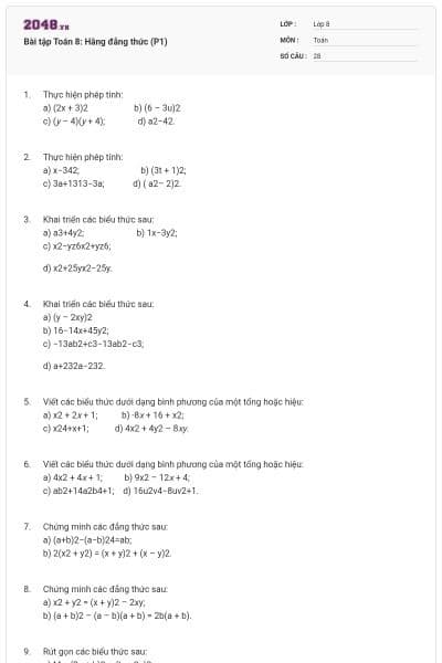 Bài tập Toán 8: Hằng đẳng thức (P1)