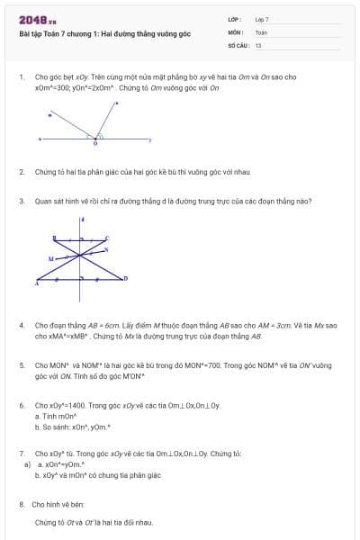 Bài tập Toán 7 chương 1: Hai đường thẳng vuông góc