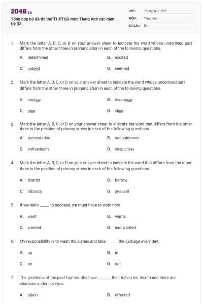 Tổng hợp bộ đề thi thử THPTQG môn Tiếng Anh các năm Đề 33