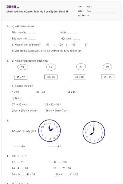 Đề thi cuối học kì 2 môn Toán lớp 1 có đáp án - Đề số 18