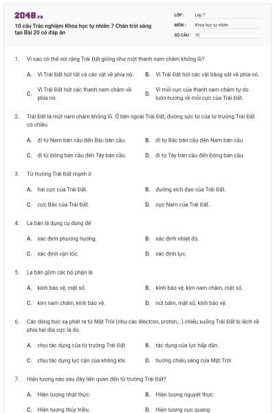 10 câu Trắc nghiệm Khoa học tự nhiên 7 Chân trời sáng tạo Bài 20 có đáp án