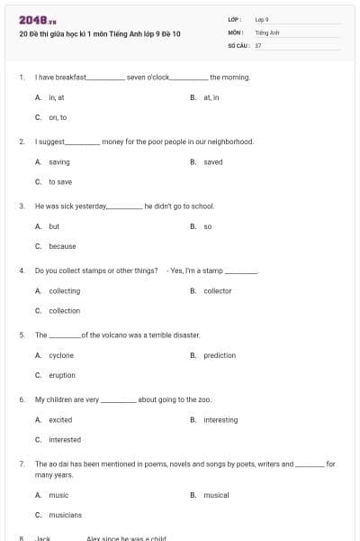 20 Đề thi giữa học kì 1 môn Tiếng Anh lớp 9 Đề 10