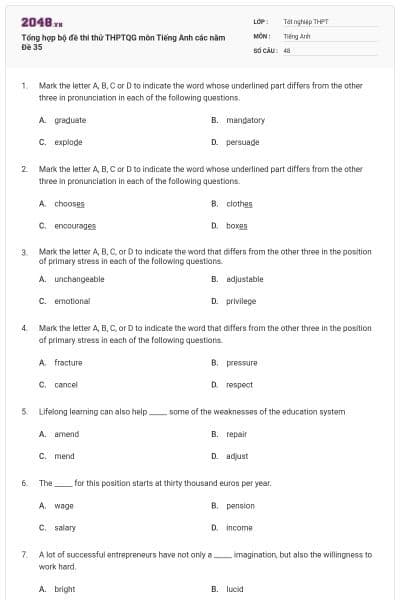 Tổng hợp bộ đề thi thử THPTQG môn Tiếng Anh các năm Đề 35
