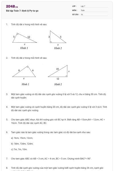 Bài tập Toán 7: Định lý Py-ta-go