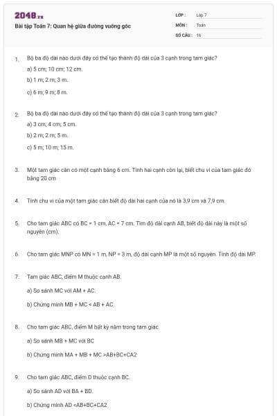 Bài tập Toán 7: Quan hệ giữa đường vuông góc