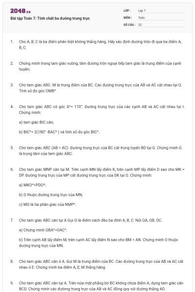 Bài tập Toán 7: Tính chất ba đường trung trực