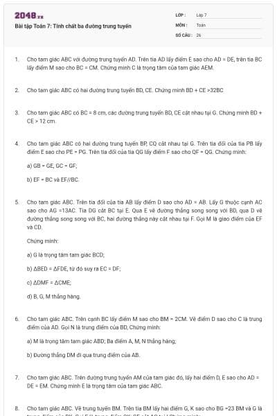 Bài tập Toán 7: Tính chất ba đường trung tuyến
