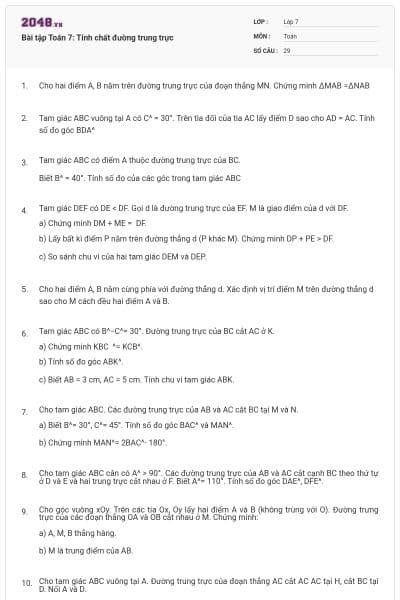 Bài tập Toán 7: Tính chất đường trung trực