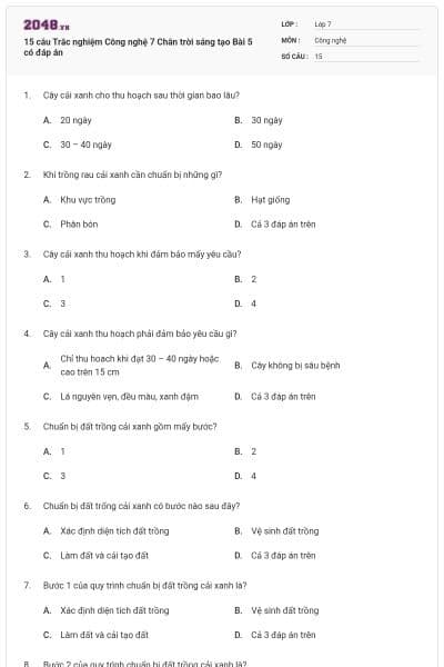 15 câu Trắc nghiệm Công nghệ 7 Chân trời sáng tạo Bài 5 có đáp án
