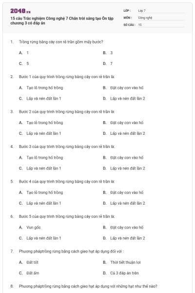 15 câu Trắc nghiệm Công nghệ 7 Chân trời sáng tạo Ôn tập chương 3 có đáp án