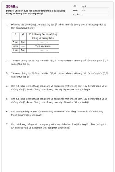 Dạng 1: Cho biết d, R, xác định vị trí tương đối của đường thẳng và đường tròn hoặc ngược lại