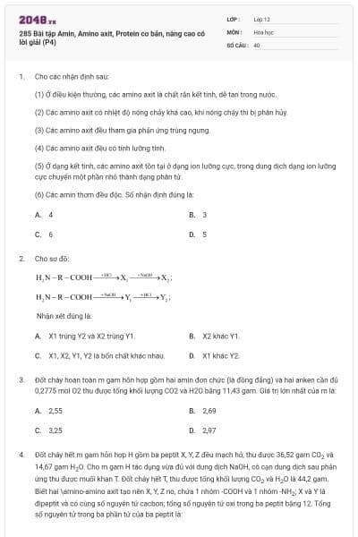 285 Bài tập Amin, Amino axit, Protein cơ bản, nâng cao có lời giải (P4)