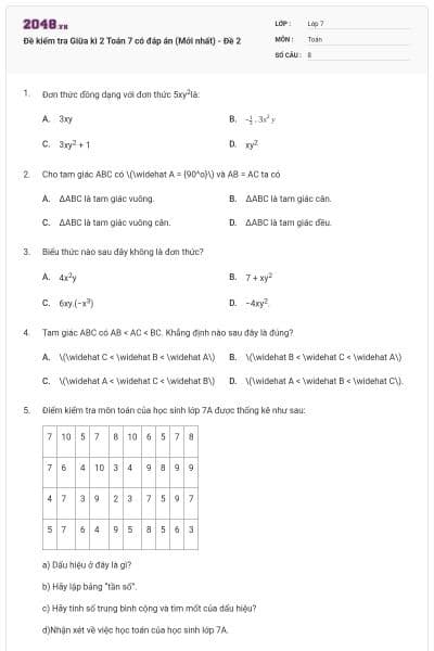 Đề kiểm tra Giữa kì 2 Toán 7 có đáp án (Mới nhất) - Đề 2