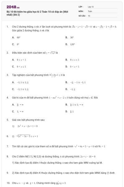 Bộ 10 Đề kiểm tra giữa học kì 2 Toán 10 có đáp án (Mới nhất) (Đề 2)