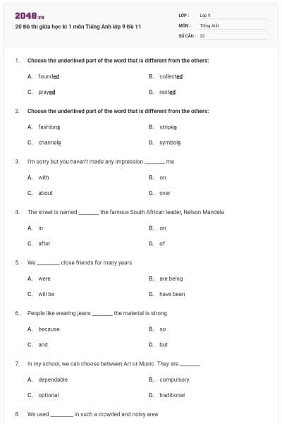 20 Đề thi giữa học kì 1 môn Tiếng Anh lớp 9 Đề 11