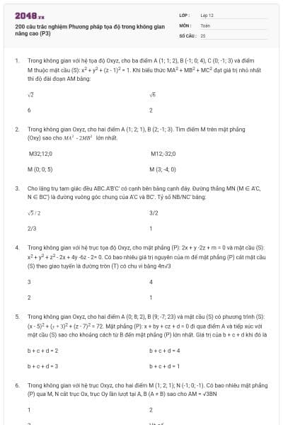 200 câu trắc nghiệm Phương pháp tọa độ trong không gian nâng cao (P3)