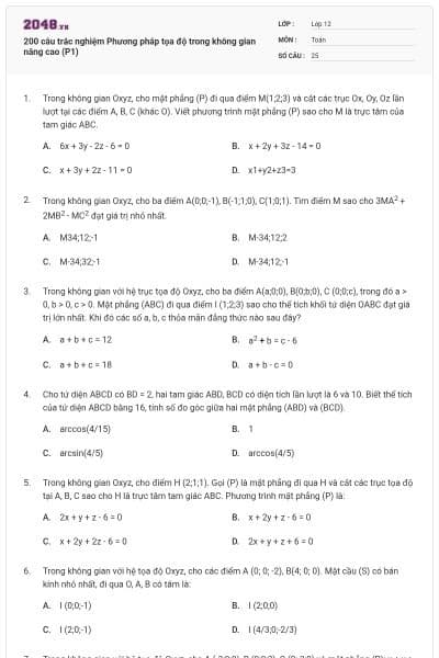 200 câu trắc nghiệm Phương pháp tọa độ trong không gian nâng cao (P1)