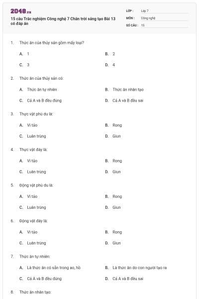 15 câu Trắc nghiệm Công nghệ 7 Chân trời sáng tạo Bài 13 có đáp án