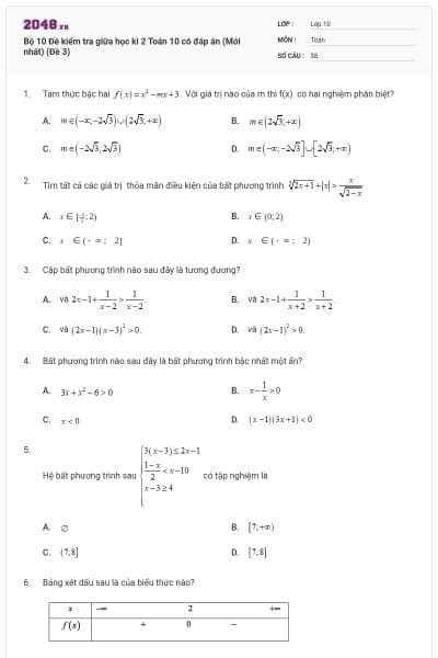 Bộ 10 Đề kiểm tra giữa học kì 2 Toán 10 có đáp án (Mới nhất) (Đề 3)
