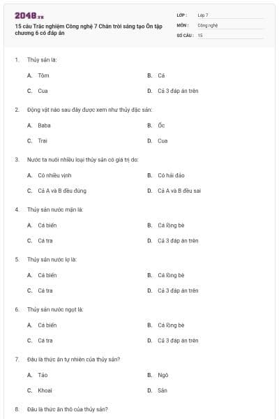 15 câu Trắc nghiệm Công nghệ 7 Chân trời sáng tạo Ôn tập chương 6 có đáp án