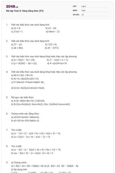 Bài tập Toán 8: Hằng đẳng thức (P3)
