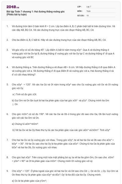 Bài tập Toán 7 chương 1: Hai đường thẳng vuông góc (Phiếu bài tự luận)