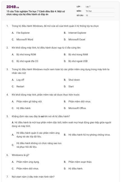 15 câu Trắc nghiệm Tin học 7 Cánh diều Bài 4: Một số chức năng của hệ điều hành có đáp án