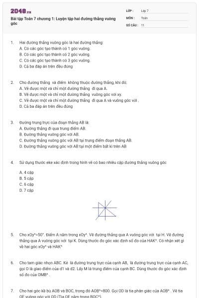 Bài tập Toán 7 chương 1: Luyện tập hai đường thẳng vuông góc
