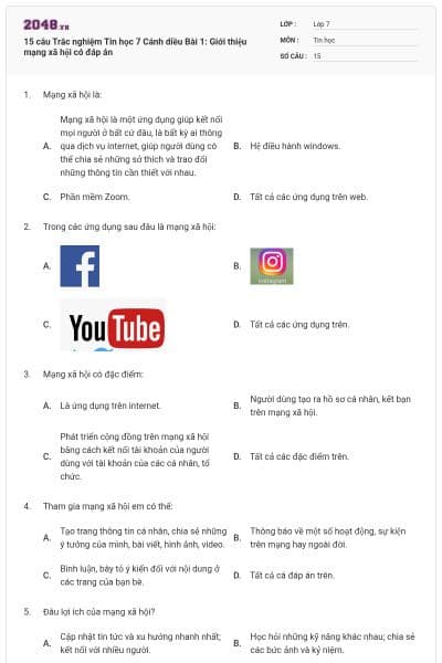 15 câu Trắc nghiệm Tin học 7 Cánh diều Bài 1: Giới thiệu mạng xã hội có đáp án