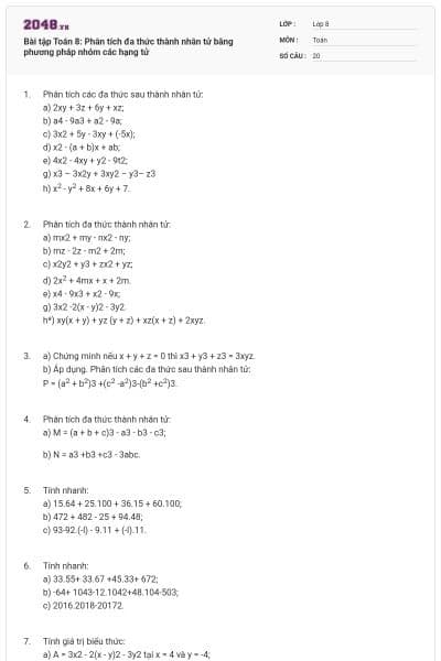 Bài tập Toán 8: Phân tích đa thức thành nhân tử bằng phương pháp nhóm các hạng tử
