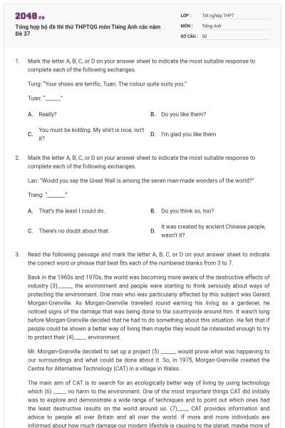 Tổng hợp bộ đề thi thử THPTQG môn Tiếng Anh các năm Đề 37