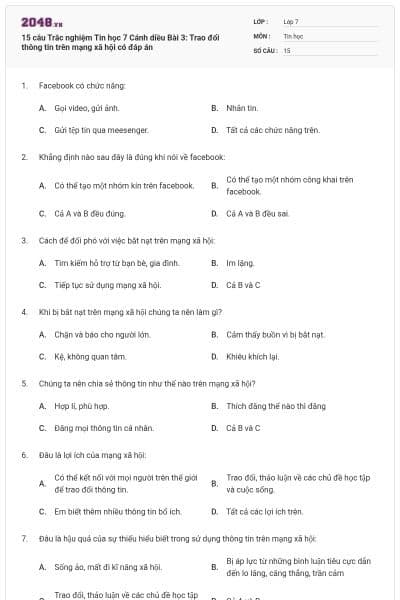 15 câu Trắc nghiệm Tin học 7 Cánh diều Bài 3: Trao đổi thông tin trên mạng xã hội có đáp án