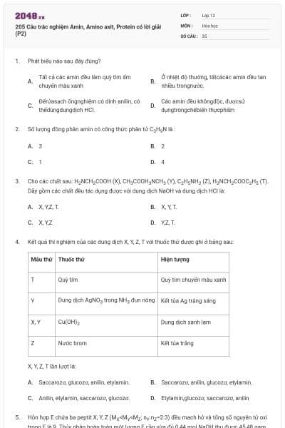 205 Câu trắc nghiệm Amin, Amino axit, Protein có lời giải (P2)