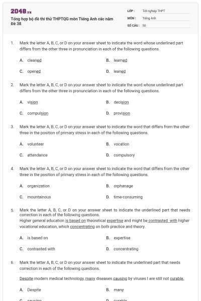 Tổng hợp bộ đề thi thử THPTQG môn Tiếng Anh các năm Đề 38