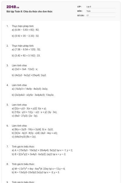 Bài tập Toán 8: Chia đa thức cho đơn thức