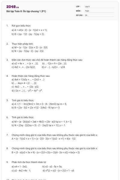Bài tập Toán 8: Ôn tập chương 1 (P1)