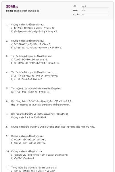 Bài tập Toán 8: Phân thức đại số