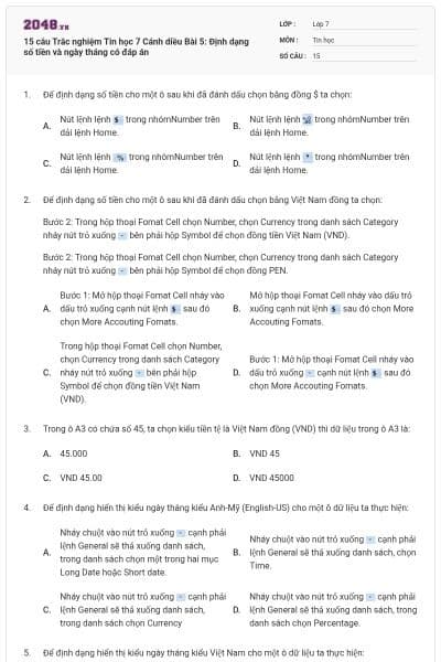 15 câu Trắc nghiệm Tin học 7 Cánh diều Bài 5: Định dạng số tiền và ngày tháng có đáp án
