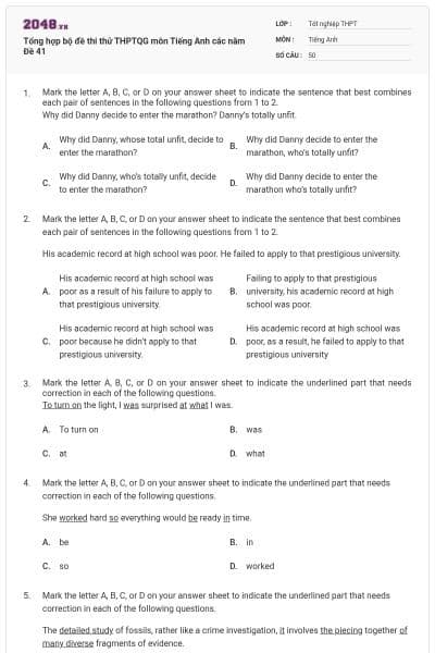 Tổng hợp bộ đề thi thử THPTQG môn Tiếng Anh các năm Đề 41