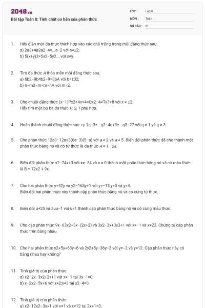 Bài tập Toán 8: Tính chất cơ bản của phân thức