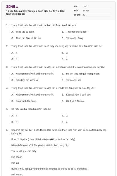 15 câu Trắc nghiệm Tin học 7 Cánh diều Bài 1: Tìm kiếm tuần tự có đáp án