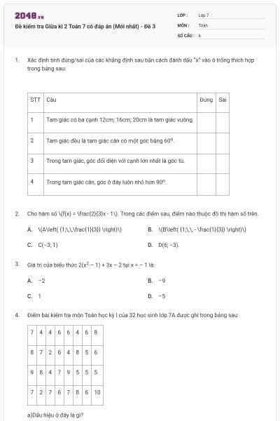 Đề kiểm tra Giữa kì 2 Toán 7 có đáp án (Mới nhất) - Đề 3