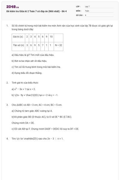 Đề kiểm tra Giữa kì 2 Toán 7 có đáp án (Mới nhất) - Đề 4