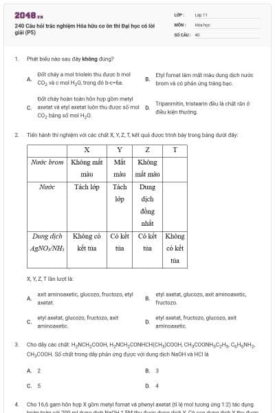 240 Câu hỏi trắc nghiệm Hóa hữu cơ ôn thi Đại học có lời giải (P5)