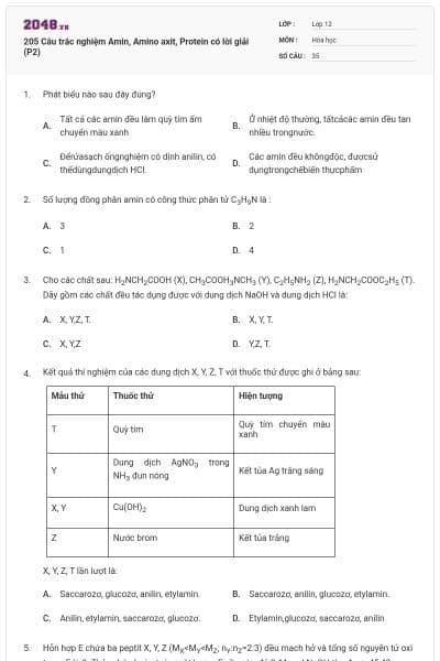 205 Câu trắc nghiệm Amin, Amino axit, Protein có lời giải (P2)