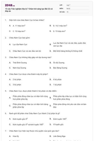 15 câu Trắc nghiệm Địa lý 7 Chân trời sáng tạo Bài 22 có đáp án